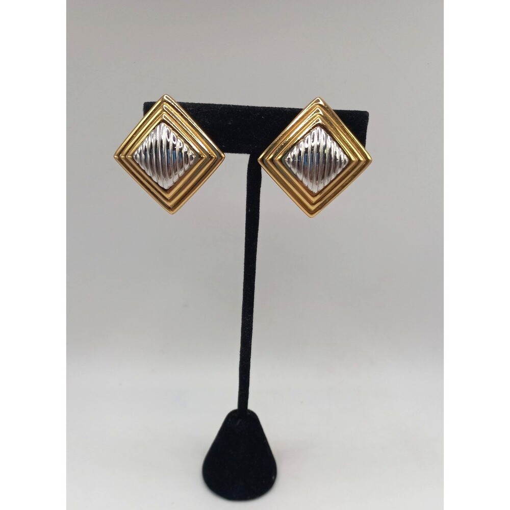 Vintage Christian Dior Clip Earrings Square Modernist Style 1980s Shiny Two Tone